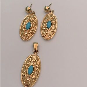18K YG Royal Navette Turquoise Earring/Pendant Set